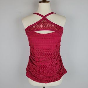 Island Escape Red Crochet Halter Ruching Built In Padded Bra Swimsuit Top 12